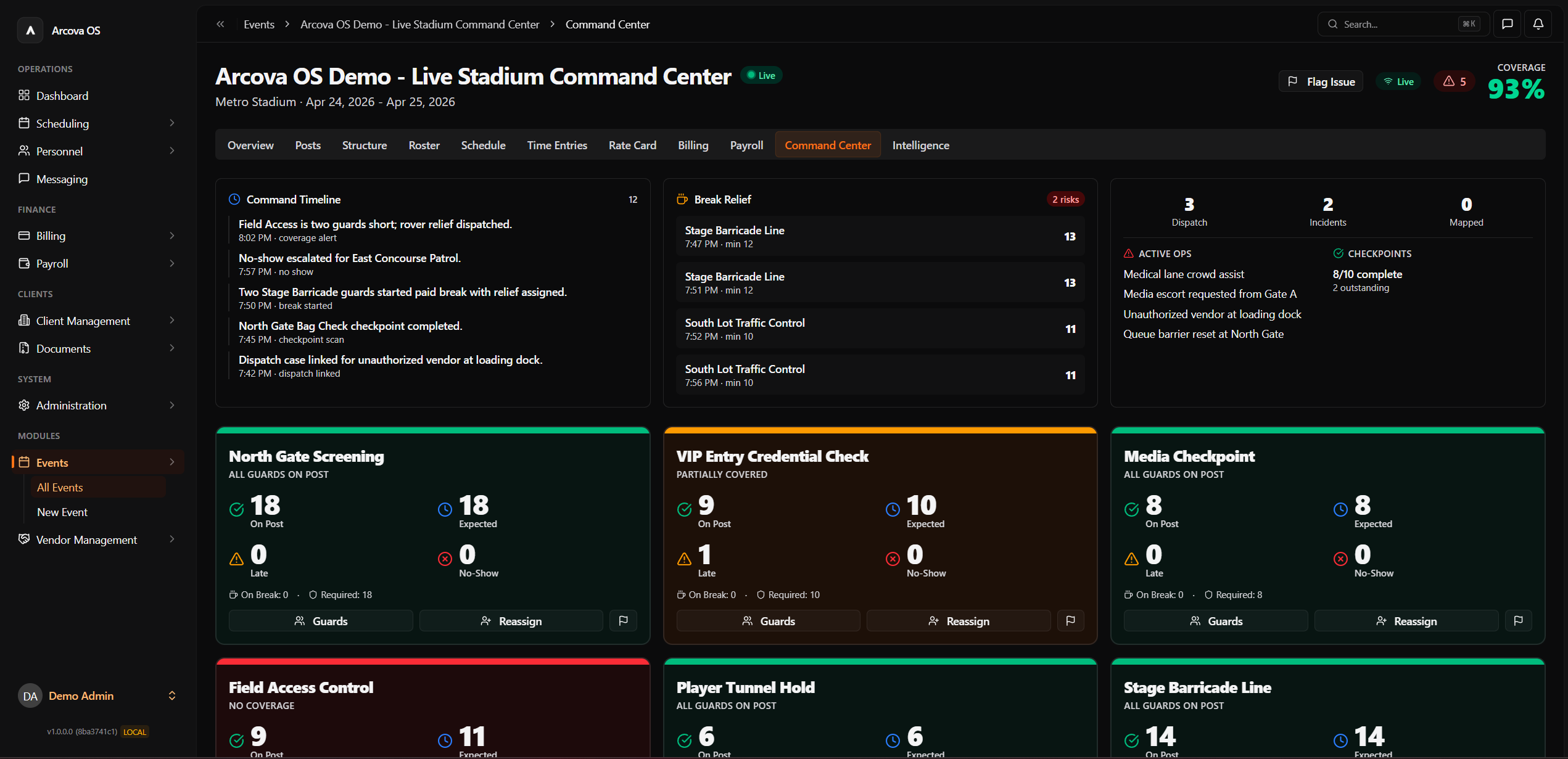 Arcova Events live command center dashboard with coverage tiles and command timeline