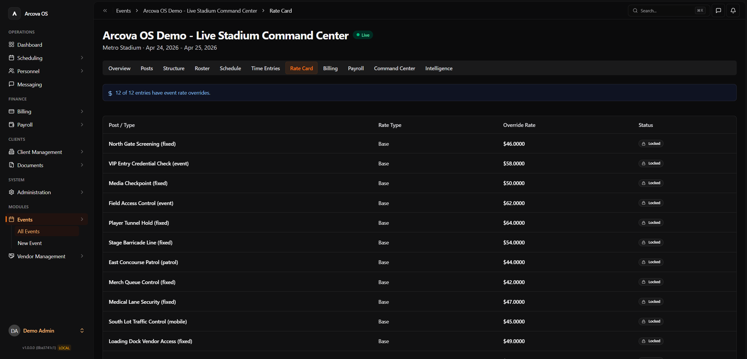 Arcova Events rate configuration screen for bill rates and event billing logic