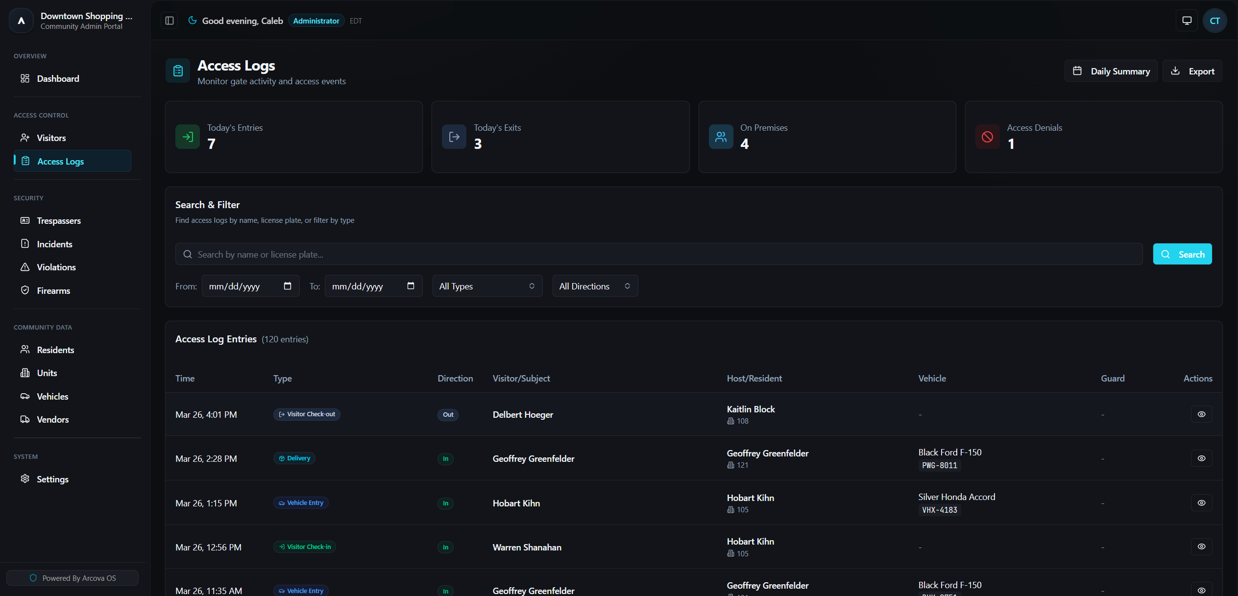 Access Logs — complete audit trail of every entry, exit, and denial