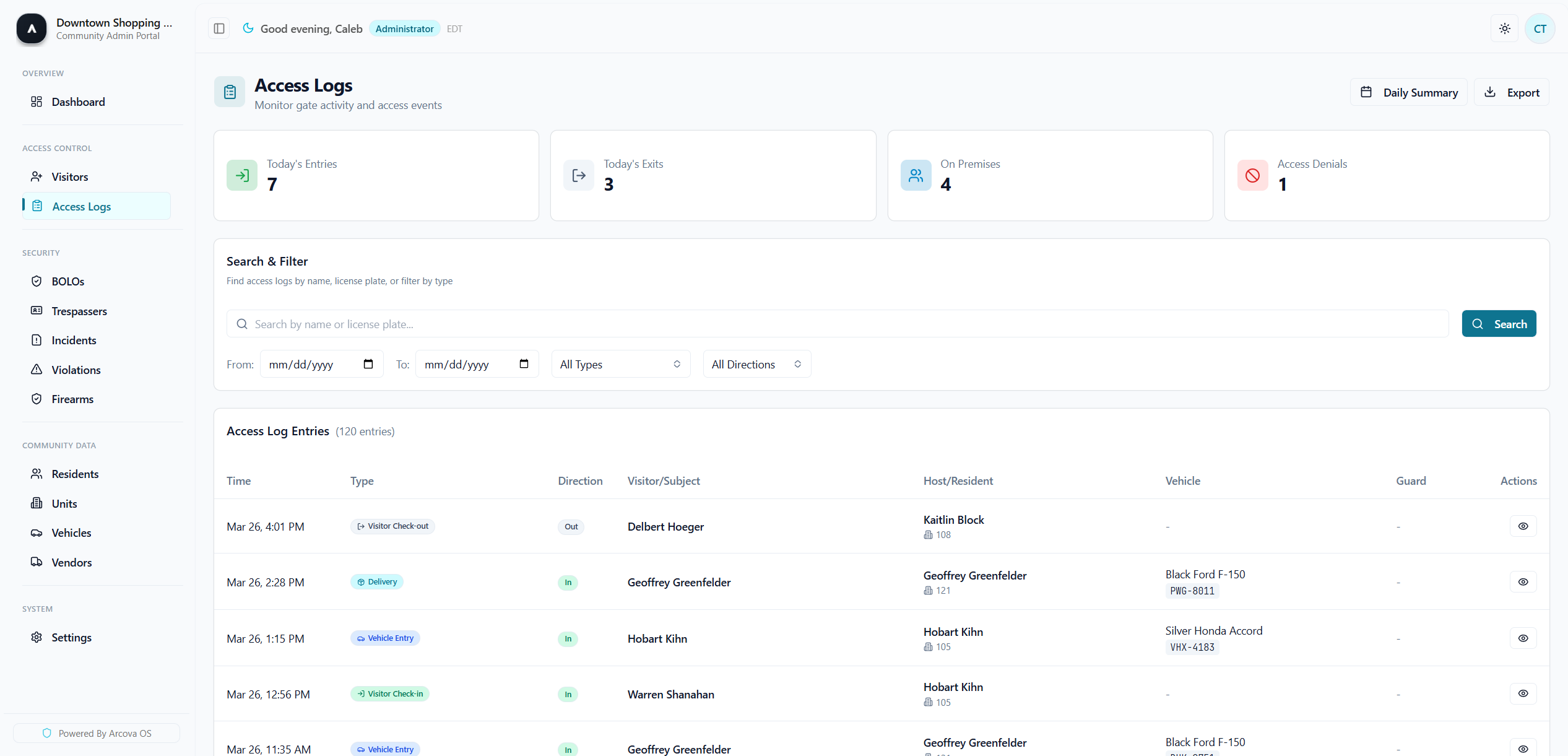 Access Logs — complete audit trail of every entry, exit, and denial