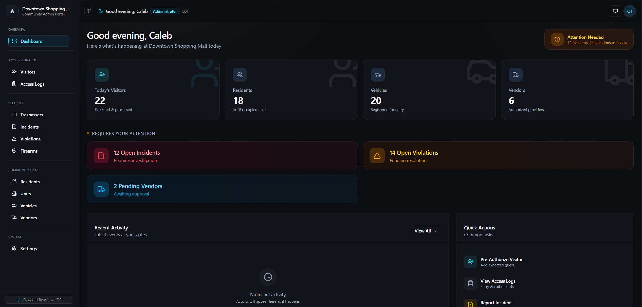 Admin Dashboard — real-time security status, visitor activity, and attention items