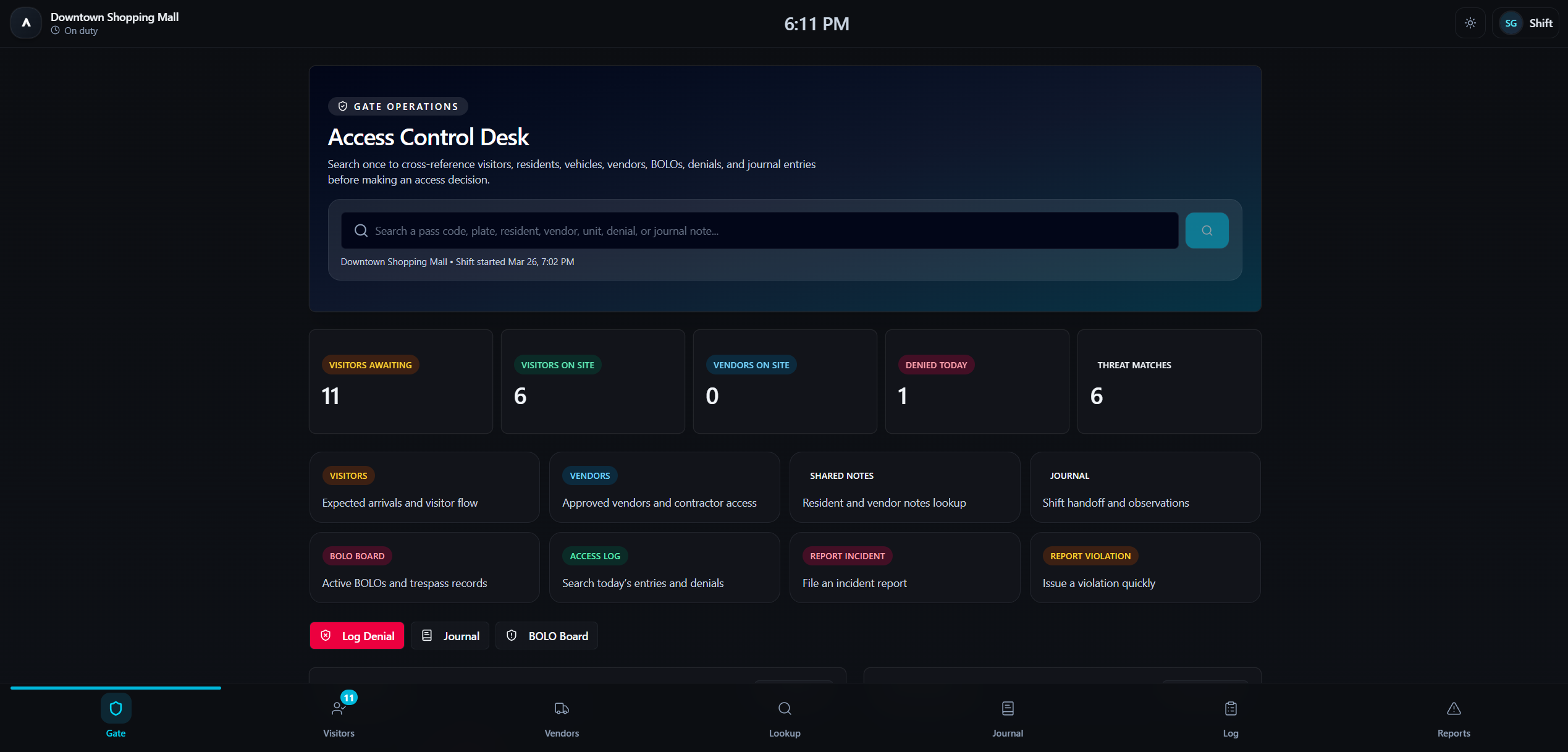 Guard Access Control — real-time operational workstation with BOLO screening