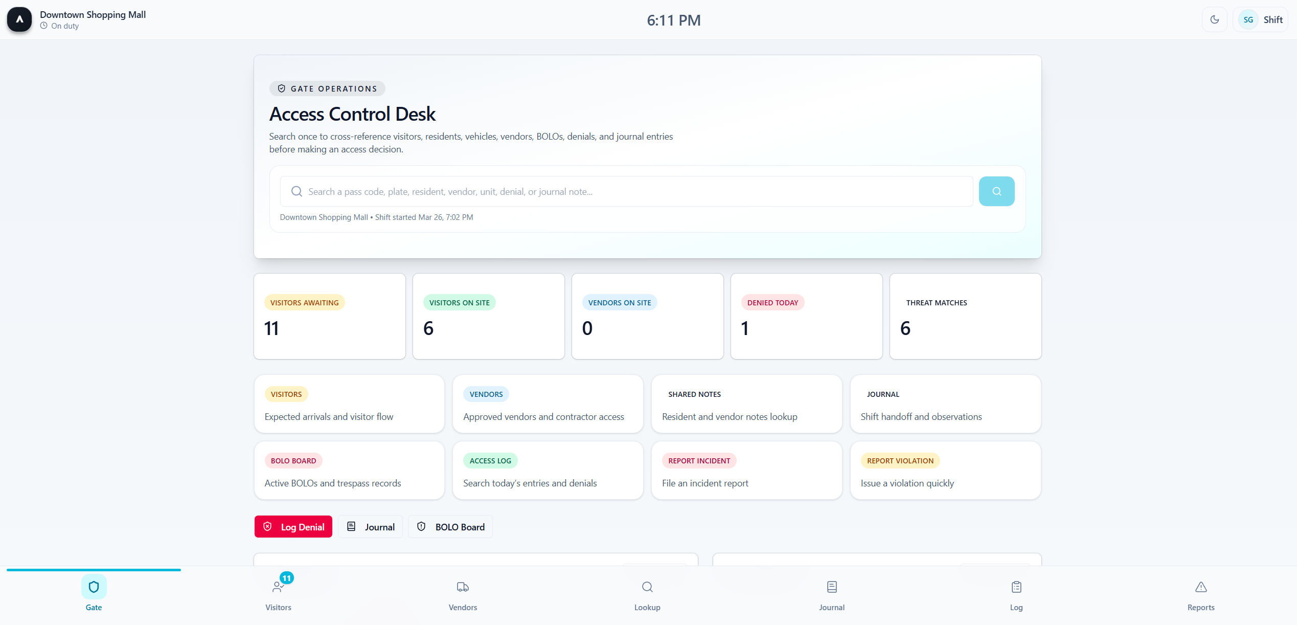 Guard Access Control — real-time operational workstation with BOLO screening