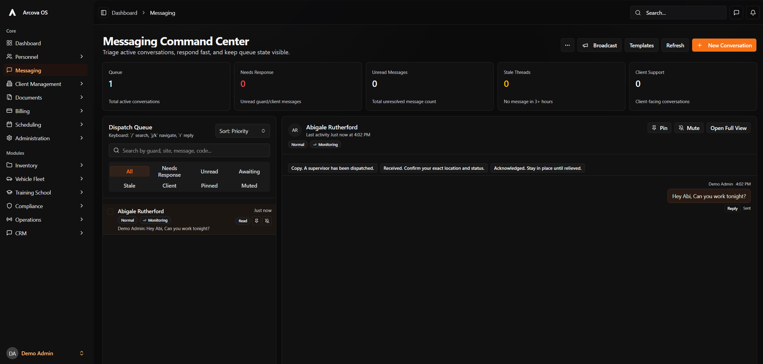 Arcova messaging workspace showing a shift conversation between a supervisor and the field
